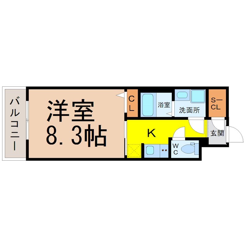 Ｓ－ＲＥＳＩＤＥＮＣＥ金山ＷＥＳＴ 間取図　洋室8.3帖　脱衣洗面所　バルコニー