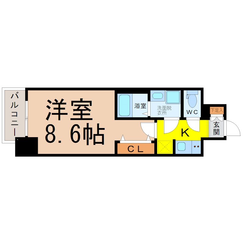 Ｓ－ＲＥＳＩＤＥＮＣＥ金山ＷＥＳＴ 間取図　洋室8.6帖　脱衣洗面所　バルコニー