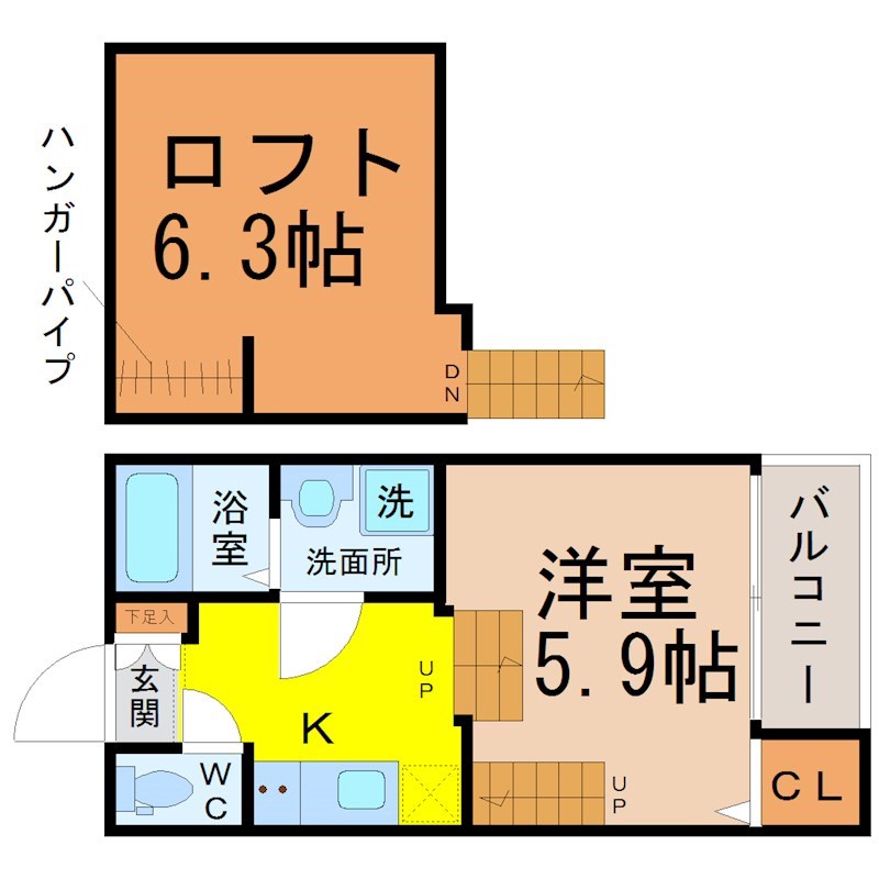 アルバーノ鶴舞Ｅｌｅｇａｎｔｅ 間取図　洋室5.9帖　ロフト6.3帖　脱衣洗面所　バルコニー