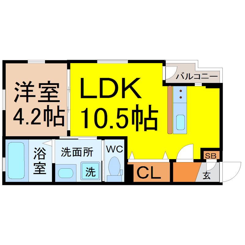 DEVELD菊井 間取図　ＬＤＫ10.5帖　洋室4.2帖　脱衣洗面所　バルコニー