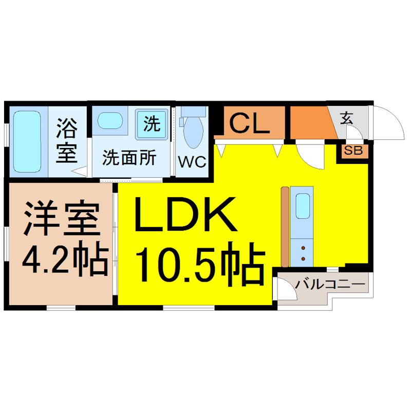 DEVELD菊井 間取図　ＬＤＫ10.5帖　洋室4.2帖　脱衣洗面所　バルコニー