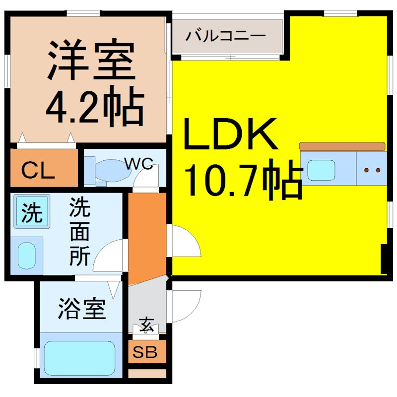 DEVELD菊井 間取図　ＬＤＫ10.7帖　洋室4.2帖　脱衣洗面所　バルコニー