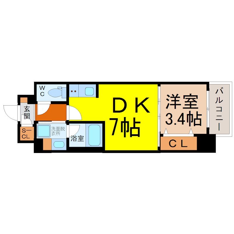 アバンテ浄心 間取図　ＤＫ7帖　洋室3.4帖　脱衣洗面所