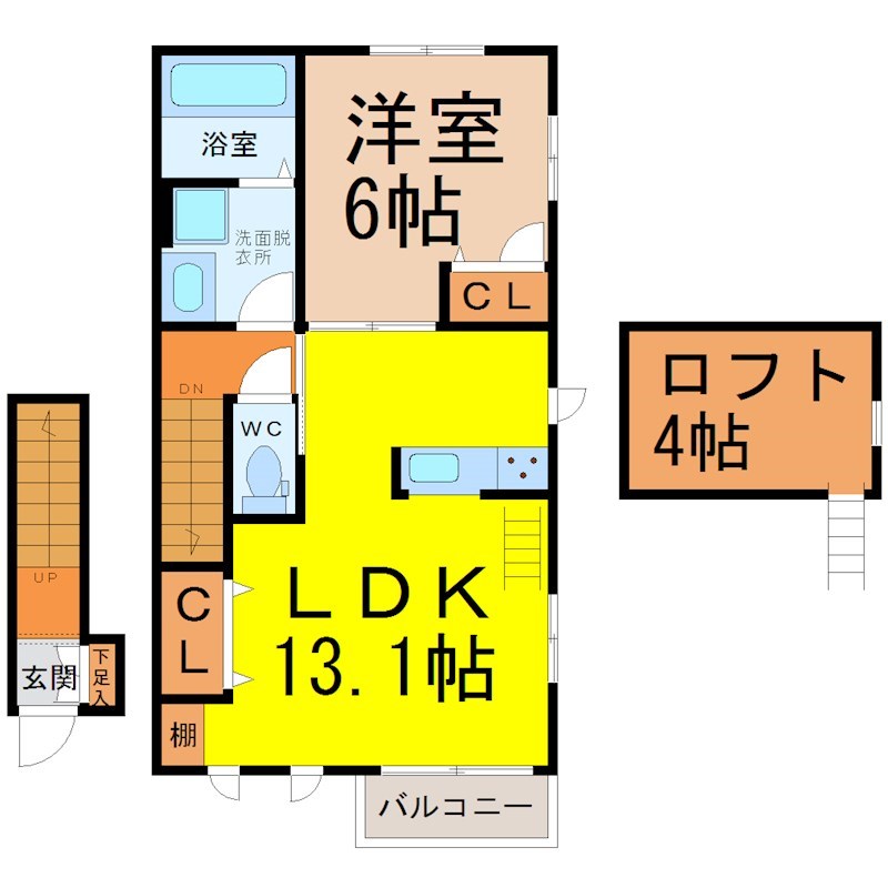 ベルソレイユ春岡　Ａ棟 間取図　ＬＤＫ13.1帖　洋室6帖　ロフト付　脱衣洗面所