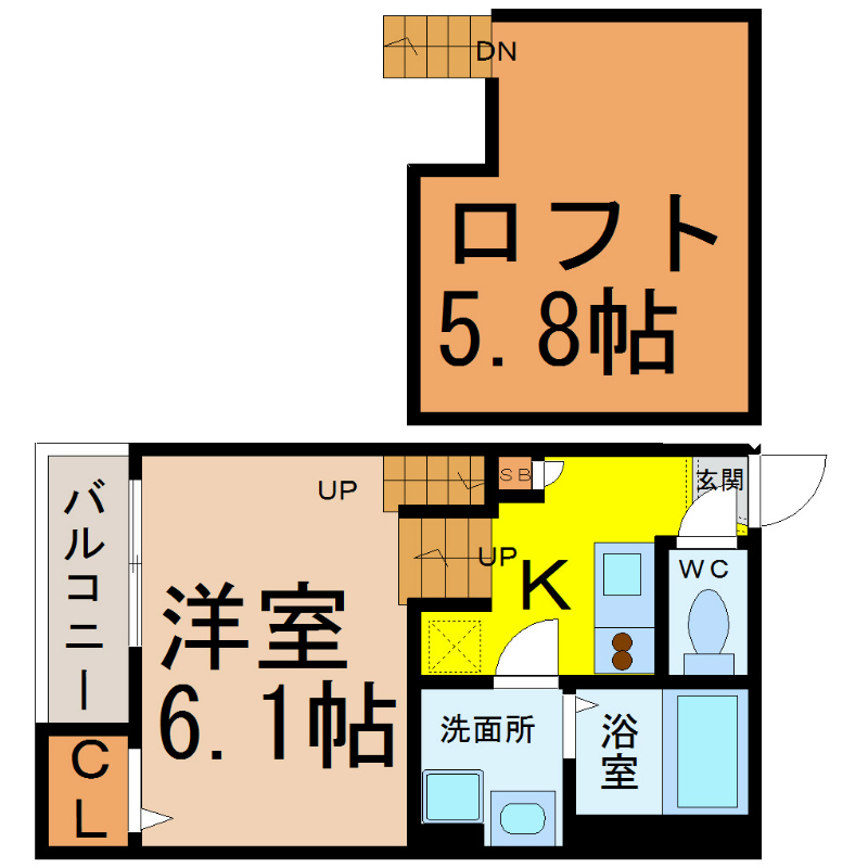 アイビス浅間町 間取図　洋室6.1帖　ロフト5.8帖　脱衣洗面所　バルコニー