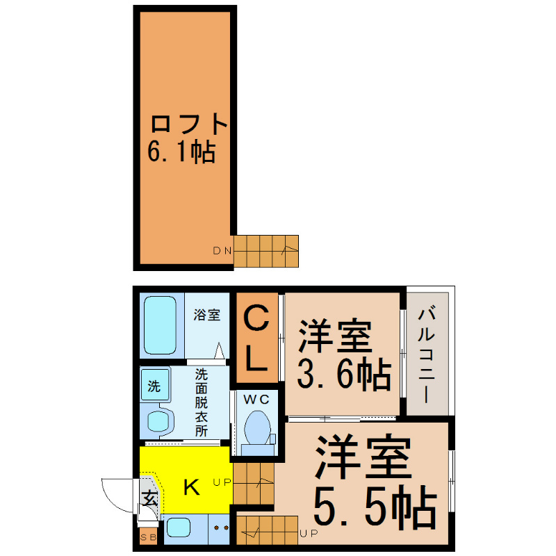 ｆｕｅｒｚａ（フェルサ） 間取図　洋室5.5帖　洋室3.6帖　ロフト6.1帖