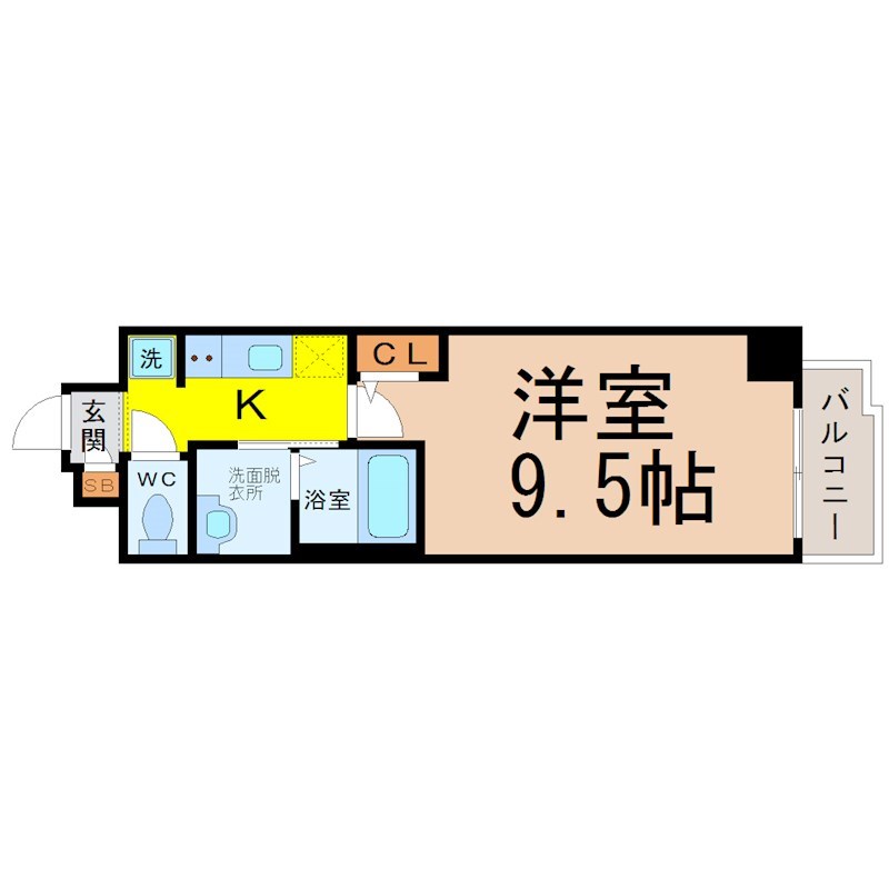 サンドリヨン 間取図　洋室9.5帖　脱衣洗面所　南面バルコニー