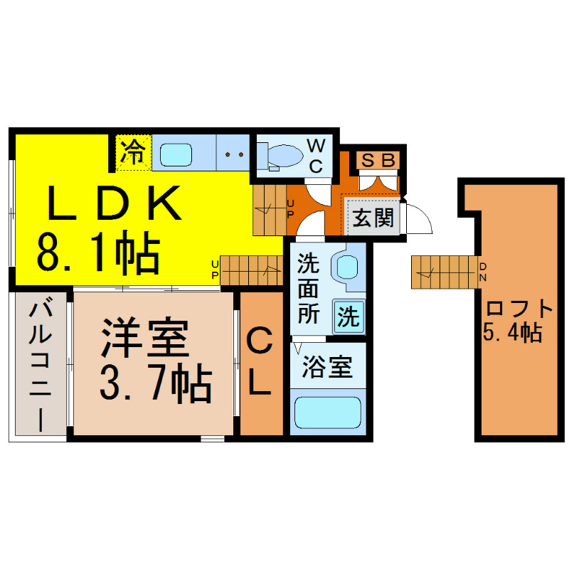 Ｏｒｑｕｅ（オルク） 間取図　ＬＤＫ8.1帖　洋室3.7帖　ロフト付　脱衣洗面所