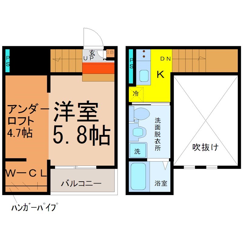 ＣｕｏｒｅＳａｓａｓｈｉｍａ（クォーレササシマ） 間取図　洋室5.8帖　アンダーロフト4.7帖