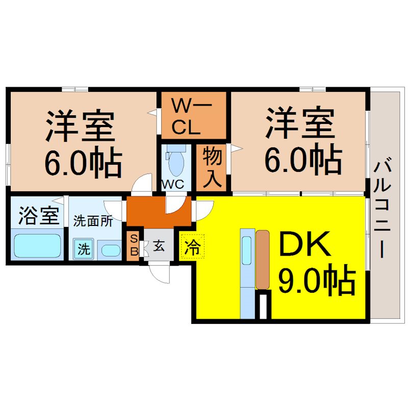 アウスレーゼ 間取り　ＤＫ9.0帖　洋室6帖　洋室6帖　ウォークインクローゼット