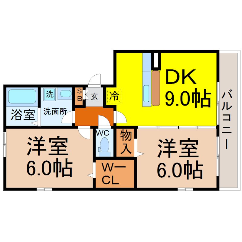 アウスレーゼ 間取り　ＤＫ9.0帖　洋室6帖　洋室6帖　ウォークインクローゼット