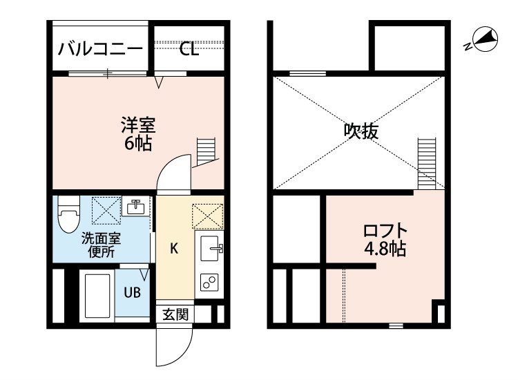 ＣｒｙｓｔａｌＰａｌａｃｅ（クリスタルパレス） 間取図　洋室6帖　ロフト4.8帖　脱衣洗面所　バルコニー