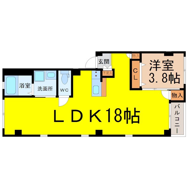 グランレーヴ東別院ＷＥＳＴ 間取図　ＬＤＫ18帖　洋室3.8帖　脱衣洗面所　バルコニー