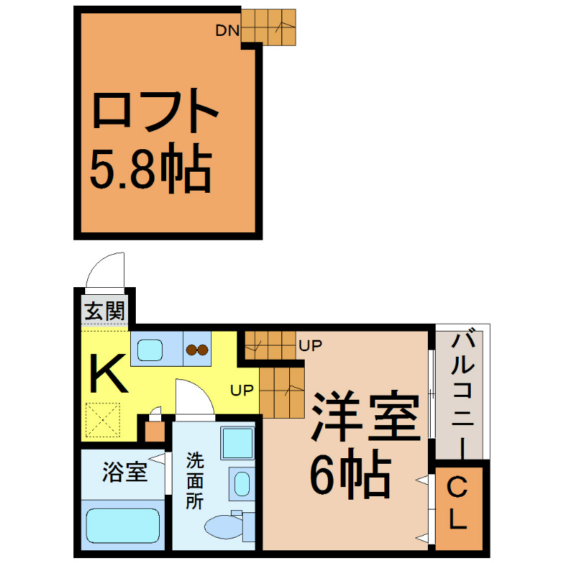 シェモア中島町 間取り　洋室6帖　ロフト5.8帖　脱衣洗面所　バルコニー