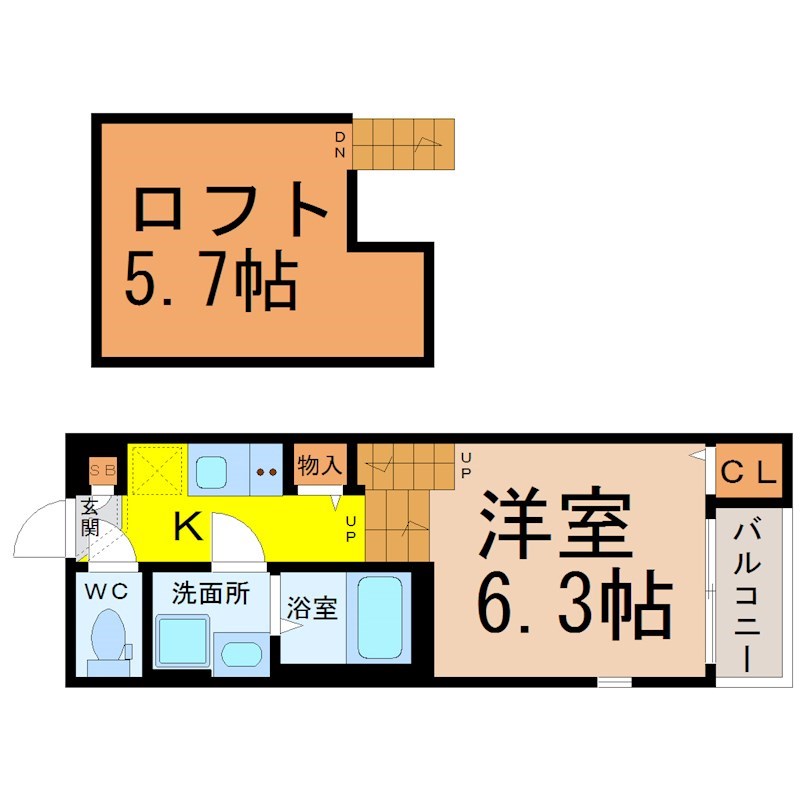 クレセール平安通 間取図　洋室6.3帖　ロフト5.7帖　脱衣洗面所　バルコニー