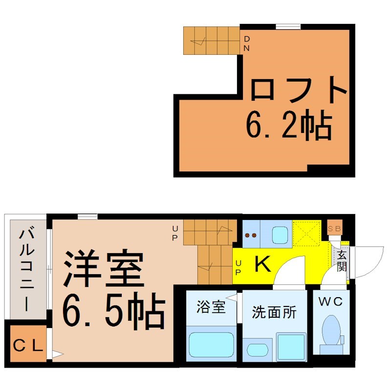 クレセール平安通 間取図　洋室6.5帖　ロフト6.2帖　脱衣洗面所　バルコニー