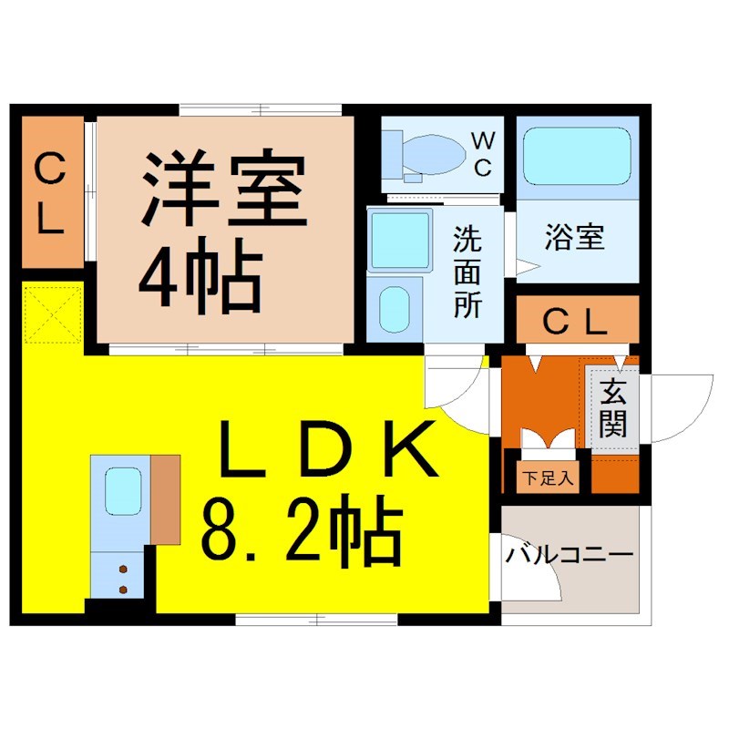 Ａｒｃｏｉｒｉｓ中村公園 間取図　ＬＤＫ8.2帖　洋室4帖　脱衣洗面所　バルコニー