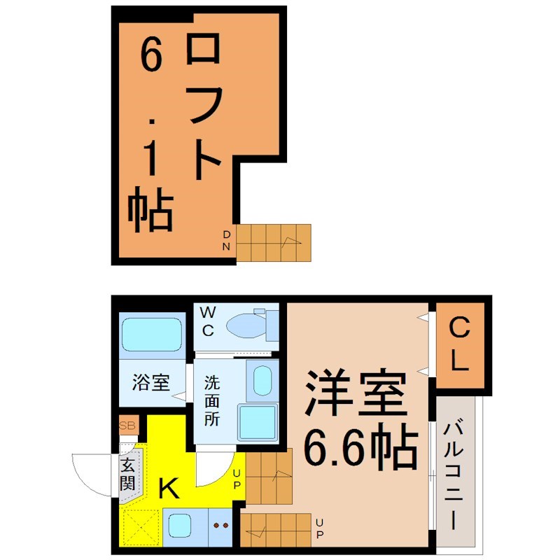 ハーモニーテラス露橋 間取図　洋室6.6帖　ロフト6.1帖　脱衣洗面所　バルコニー