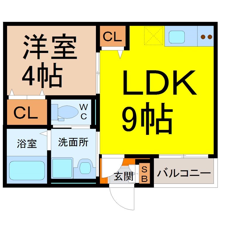 コンフォート 間取図　ＬＤＫ9帖　洋室4帖　脱衣洗面所