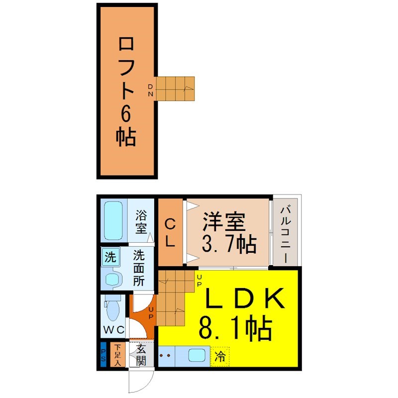 カンファーフォレスト 間取図　ＬＤＫ8.1帖　洋室3.7帖　ロフト6帖　脱衣洗面所