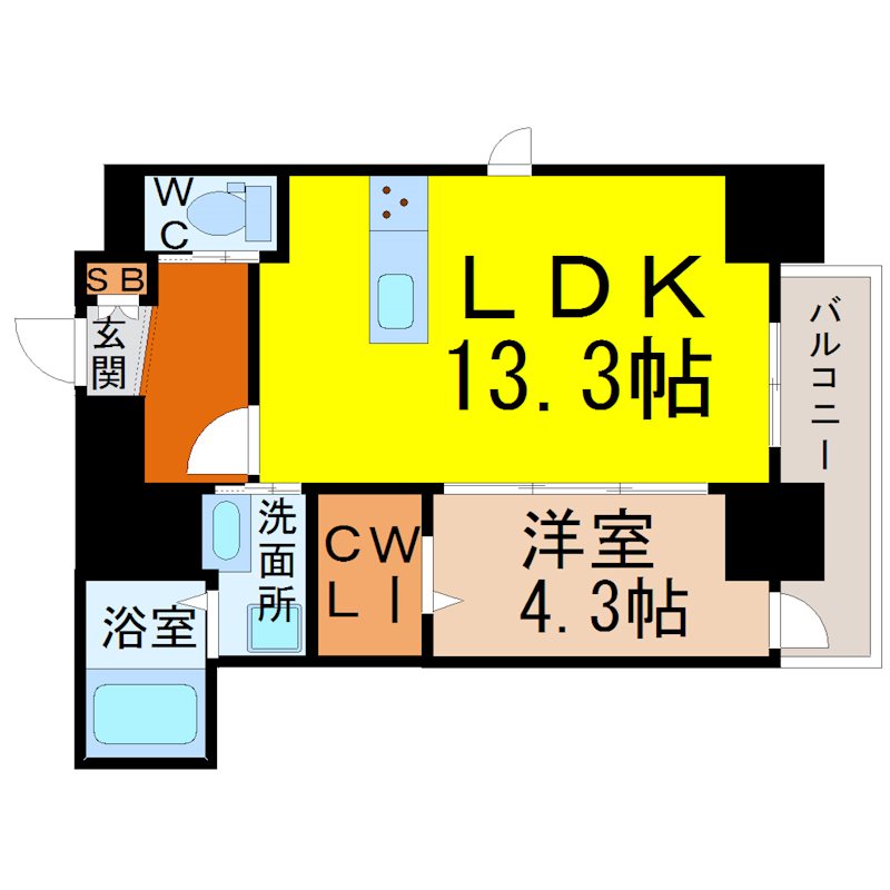 グレイスコート八田駅前 間取図　LDK13.3帖　洋室4.3帖