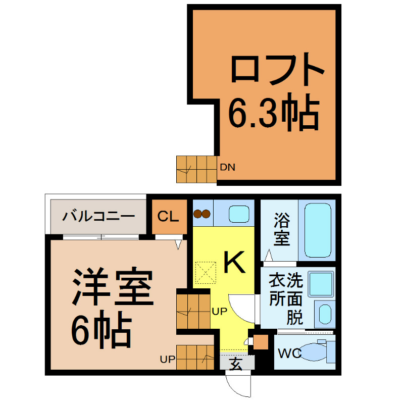 ネオメゾナ津賀田 間取り　洋室6帖　ロフト6.3帖