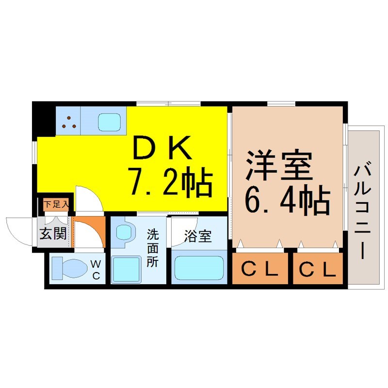 プレステージ金城 間取図　ＤＫ7.2帖　洋室6.4帖　脱衣洗面所　バルコニー