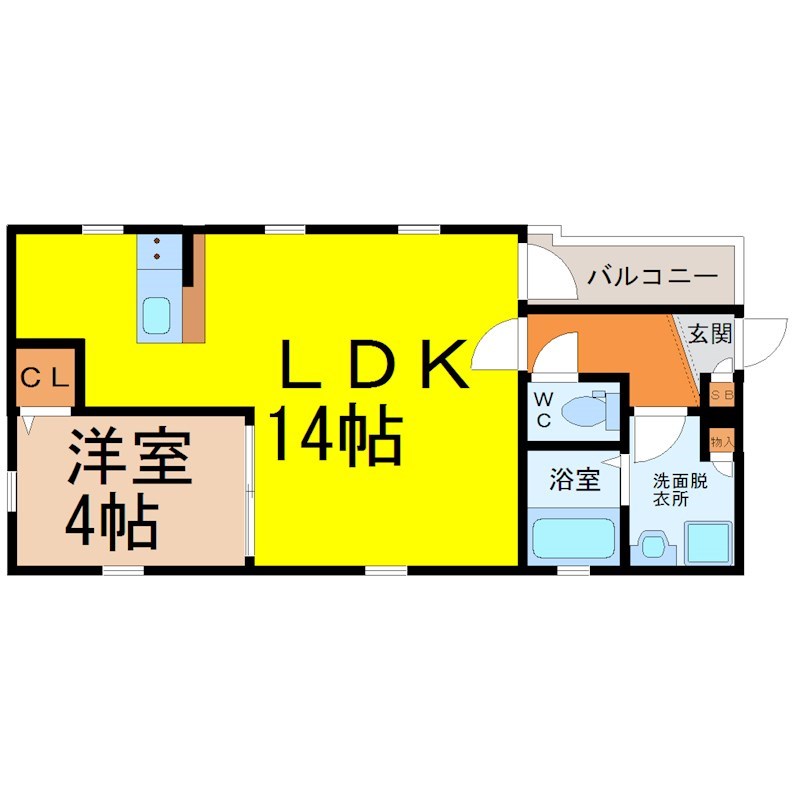 Ｌｅｏ　Ａｒｉｅｓ花の木 間取図　ＬＤＫ14帖　洋室4帖　脱衣洗面所　バルコニー