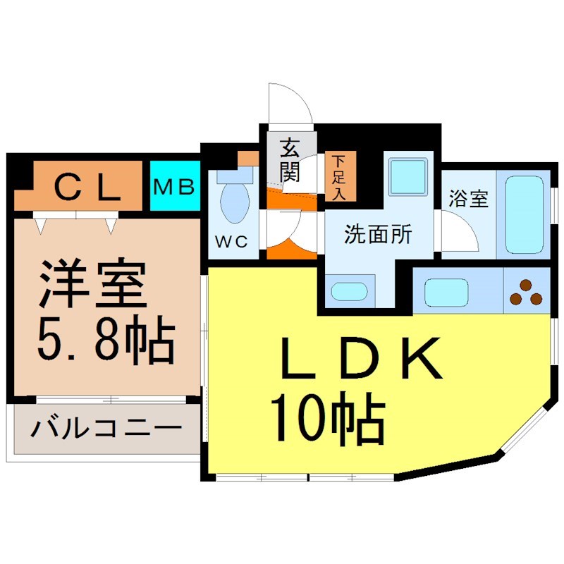 メゾン・ヴェルメイユ2 間取図　ＬＤＫ10帖　洋室5.8帖　脱衣洗面所　バルコニー