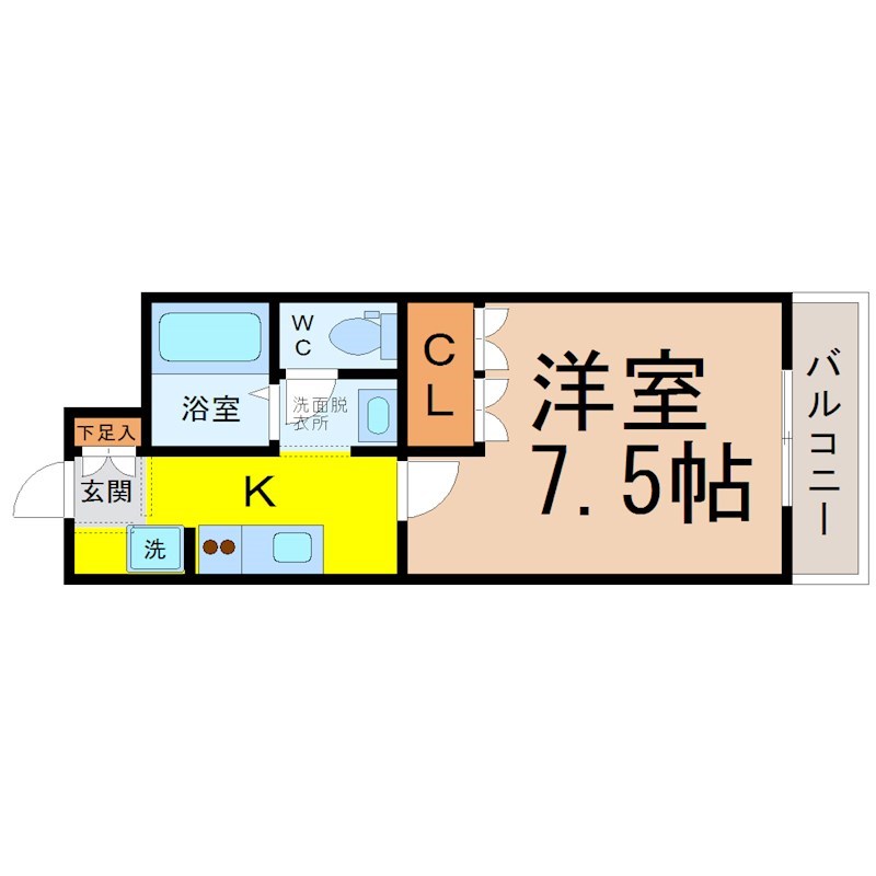 エトワールパレス 間取図　洋室7.5帖　脱衣洗面所　南面バルコニー