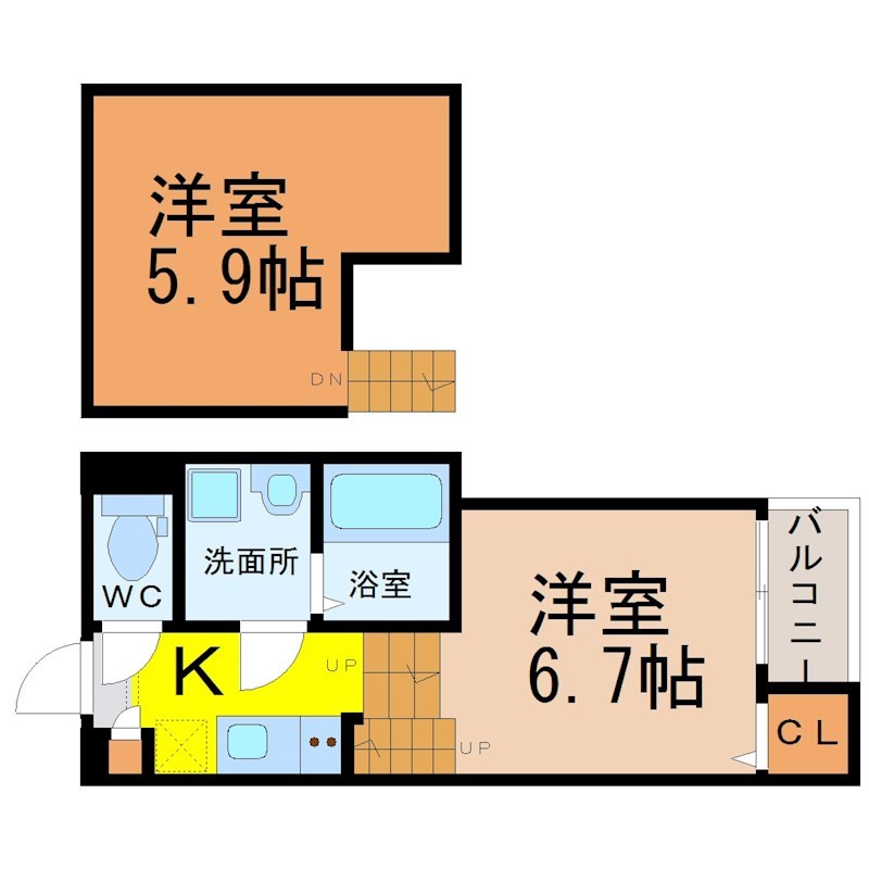 グランエスポワール鳴海 間取図　洋室6.7帖　ロフト5.9帖　脱衣洗面所　バルコニー