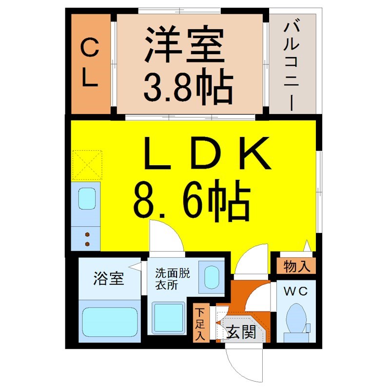 シャトーシャンパーニュ十王町 間取図　ＬＤＫ8.6帖　洋室3.8帖　脱衣洗面所　バルコニー