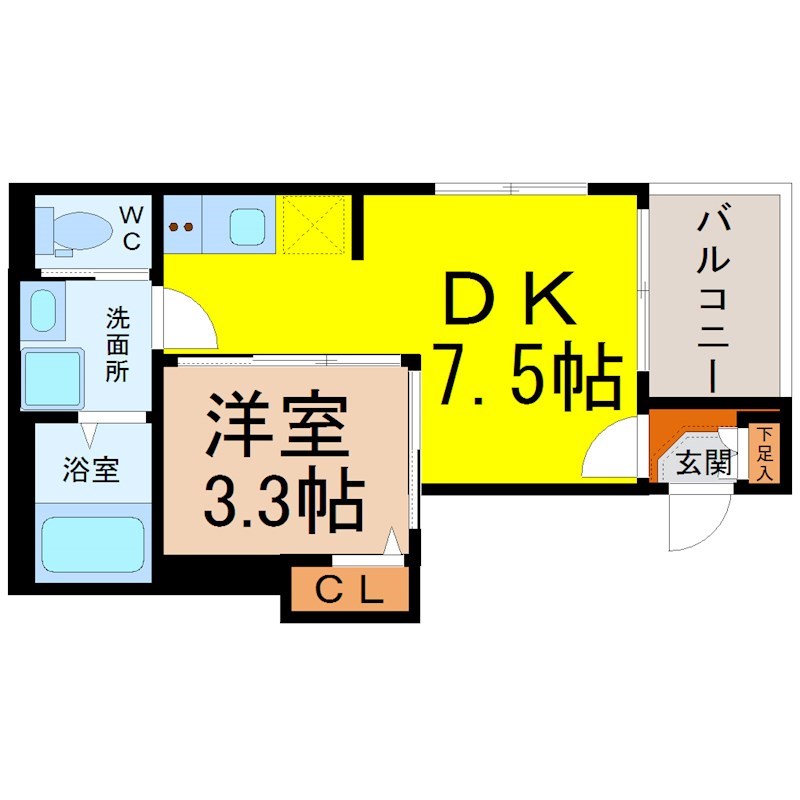 ハーモニーテラス神宮前Ⅱ 間取図　ＤＫ7.5帖　洋室3.3帖　脱衣洗面所　バルコニー