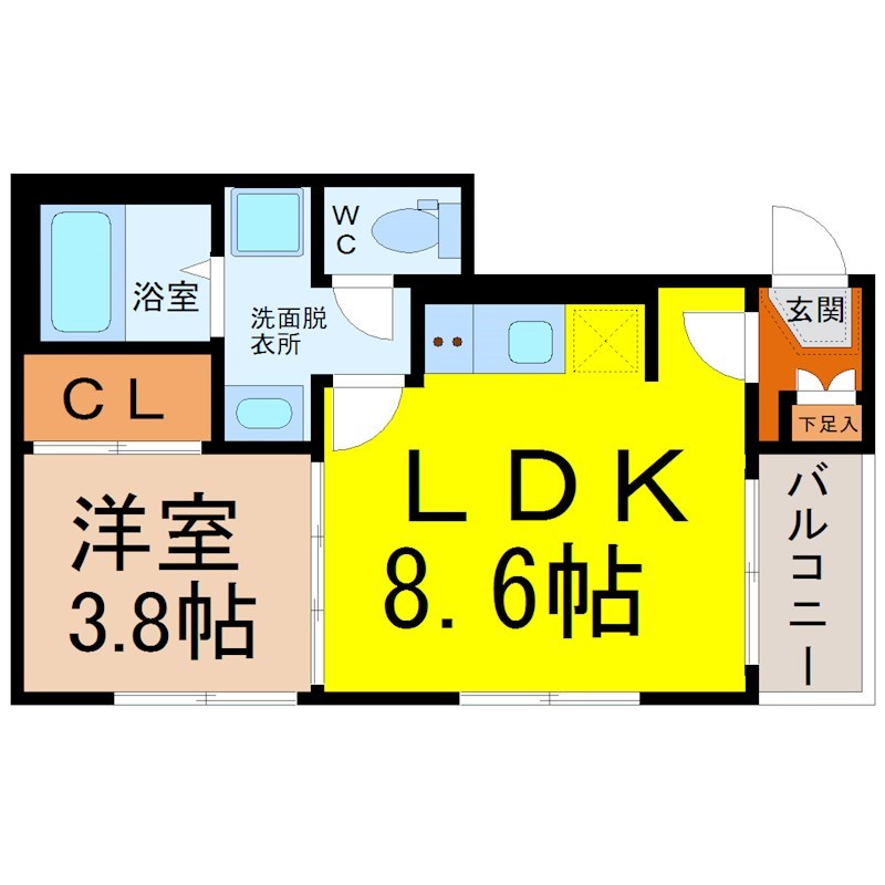 ミュゲット平安通 間取図　ＬＤＫ8.6帖　洋室3.8帖　脱衣洗面所　バルコニー