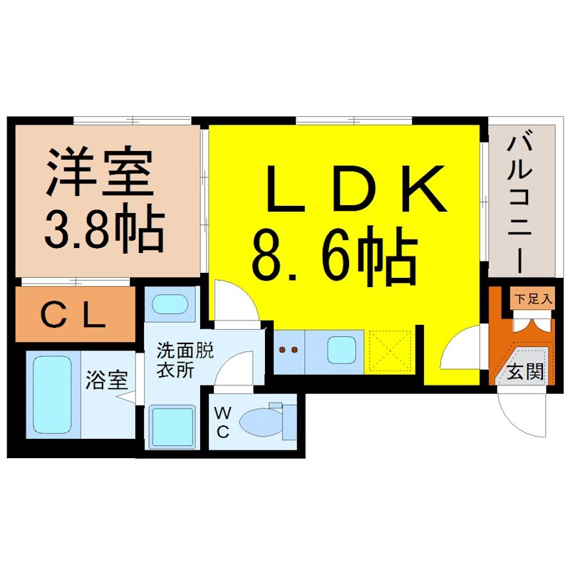 ミュゲット平安通 間取図　ＬＤＫ8.6帖　洋室3.8帖　脱衣洗面所　バルコニー