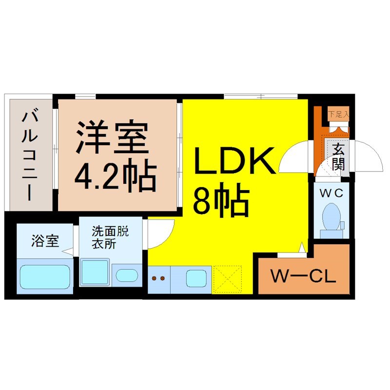 ハーモニーテラス尾頭橋Ⅲ 間取図　ＬＤＫ8帖　洋室4.2帖　脱衣洗面所　バルコニー