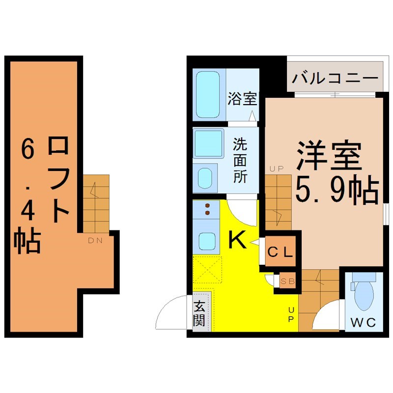 ハーモニーテラス新守山 間取図　洋室5.9帖　ロフト6.4帖　脱衣洗面所　バルコニー