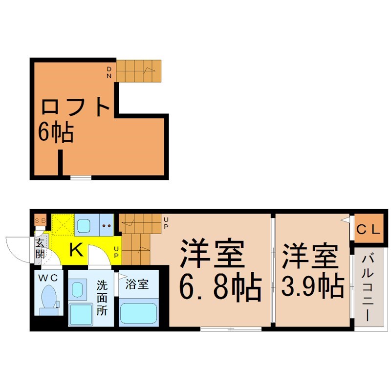 ハーモニーテラス新守山 間取図　洋室6.8帖　洋室3.9帖　ロフト6帖　脱衣洗面所