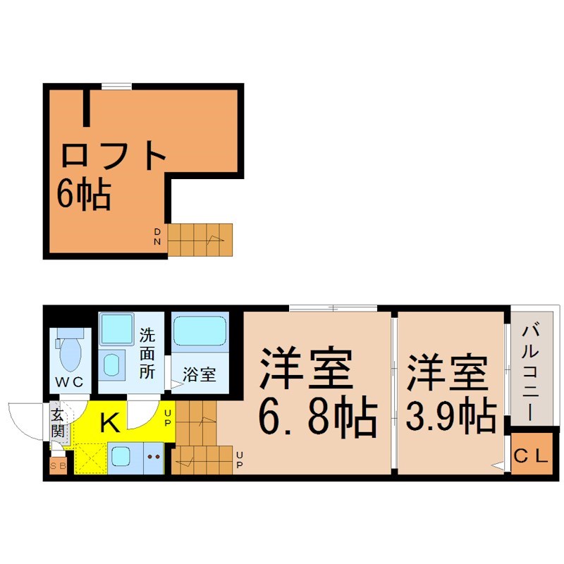 ハーモニーテラス新守山 間取図　洋室6.8帖　洋室3.9帖　ロフト6帖　脱衣洗面所