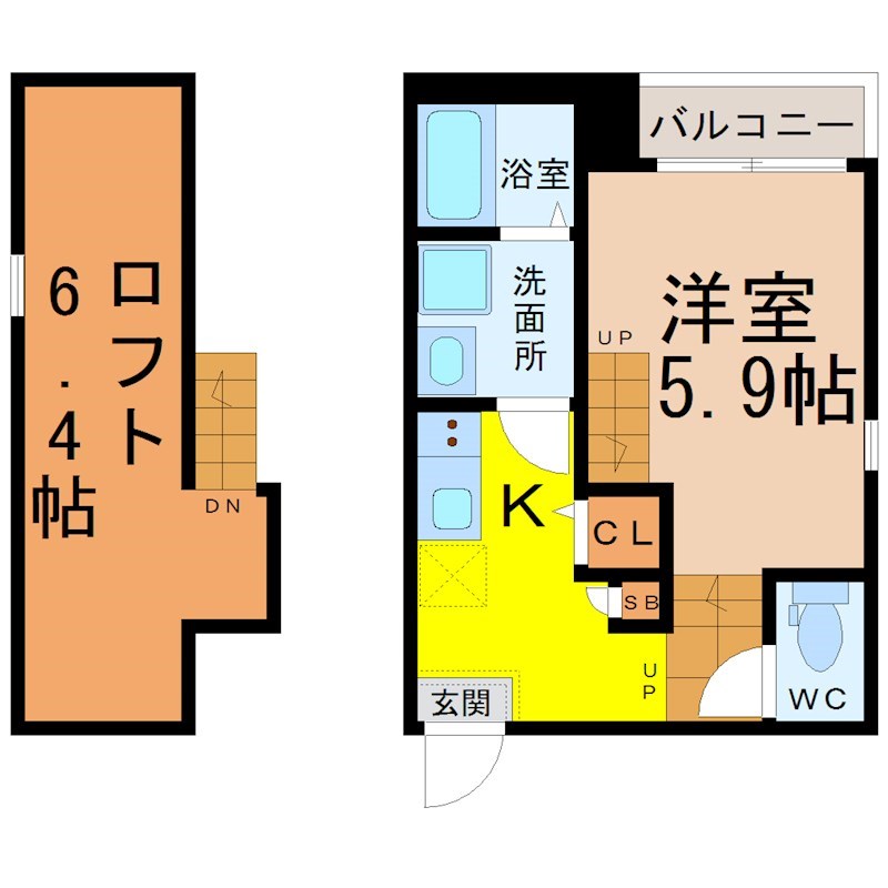 ハーモニーテラス新守山 間取図　洋室5.9帖　ロフト6.4帖　脱衣洗面所　バルコニー