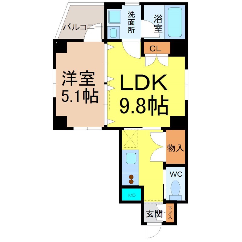 グランメールモリタ 間取図　ＬＤＫ9.8帖　洋室5.1帖　バルコニー