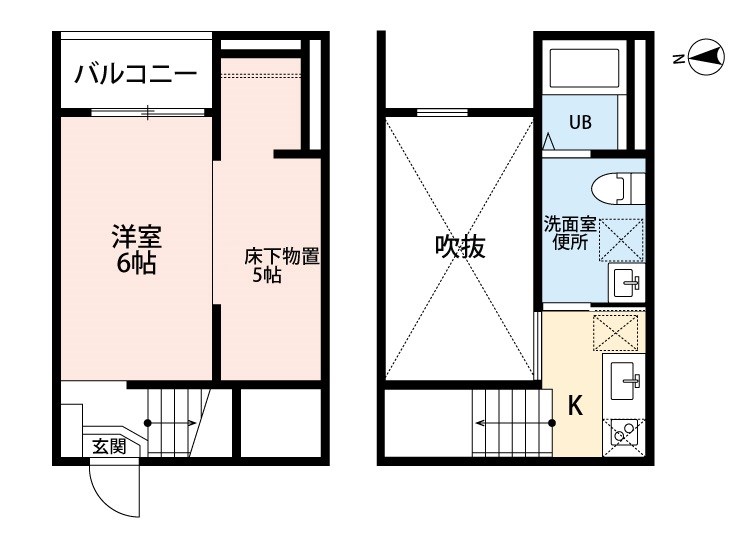 アペラシオン味美 間取図　洋室6帖　アンダーロフト5帖　脱衣洗面所　バルコニー