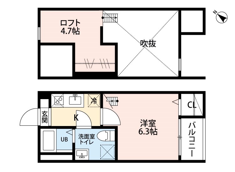 クリオス神宮前 間取図　洋室6.3帖　ロフト4.7帖　脱衣洗面所　バルコニー