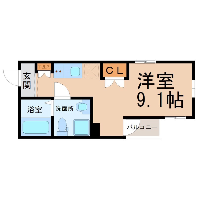 ＣａｓａＡｖｅｎｕｅＴｓｕｒｕｍａｉ 間取図　洋室9.1帖　脱衣洗面所　バルコニー