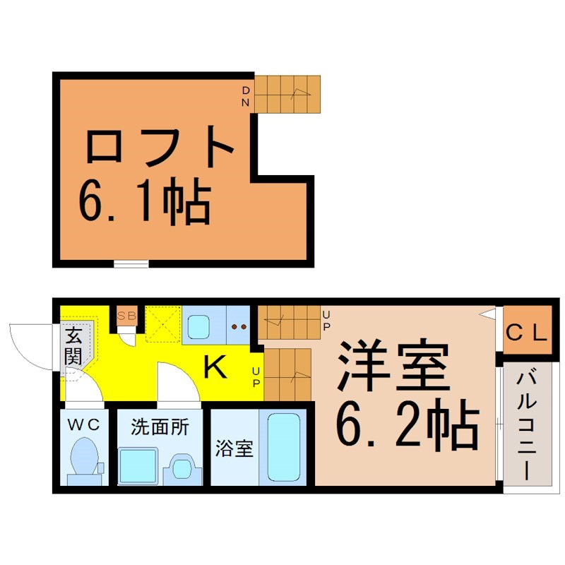 ＡＫＡＬＡ 間取図　洋室6.2帖　ロフト6.1帖　脱衣洗面所　バルコニー