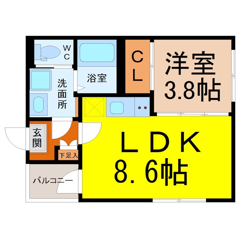 ハーモニーテラス露橋Ⅲ 間取図　ＬＤＫ8.6帖　洋室3.8帖　脱衣洗面所　バルコニー