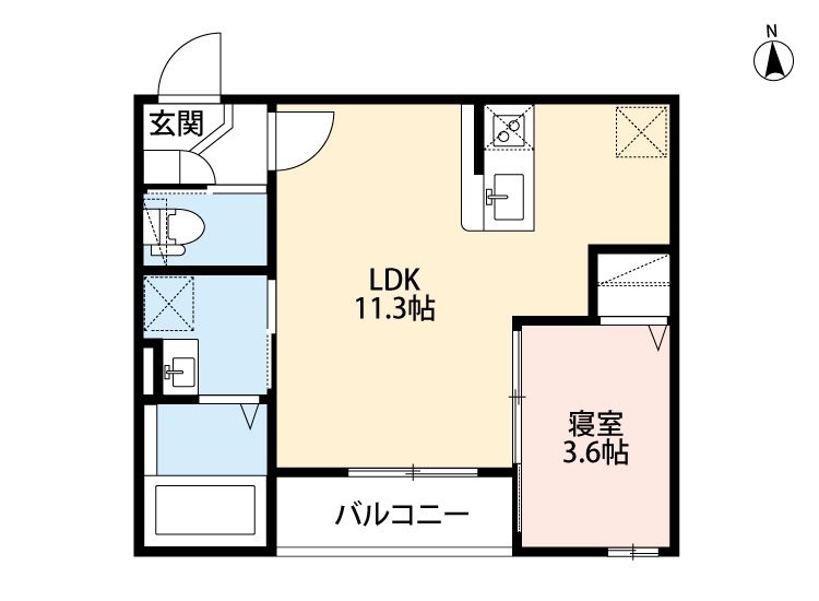 プランドール平安通 間取図　ＬＤＫ11.3帖　洋室3.6帖　脱衣洗面所