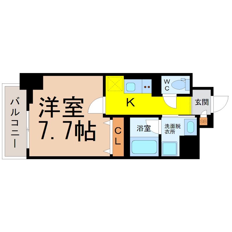 ル・シエル葵 間取図　洋室7.7帖　脱衣洗面所　クローゼット付