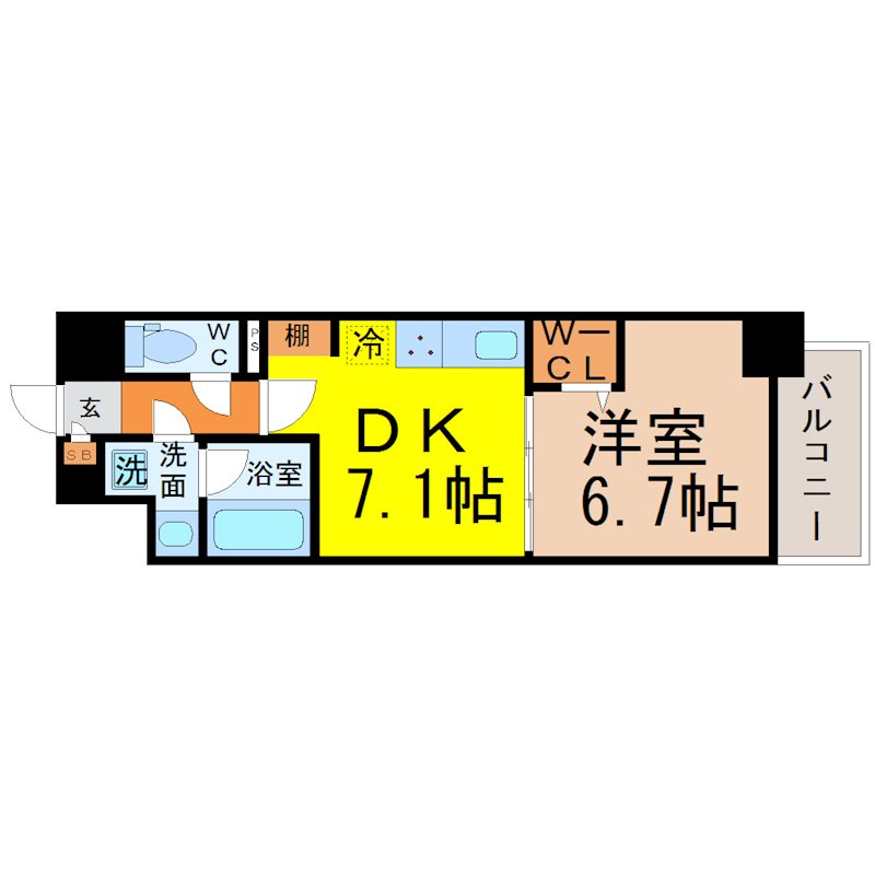 モンテーニュ名駅 間取図　ＤＫ7.1帖　洋室6.7帖　脱衣洗面所　バルコニー