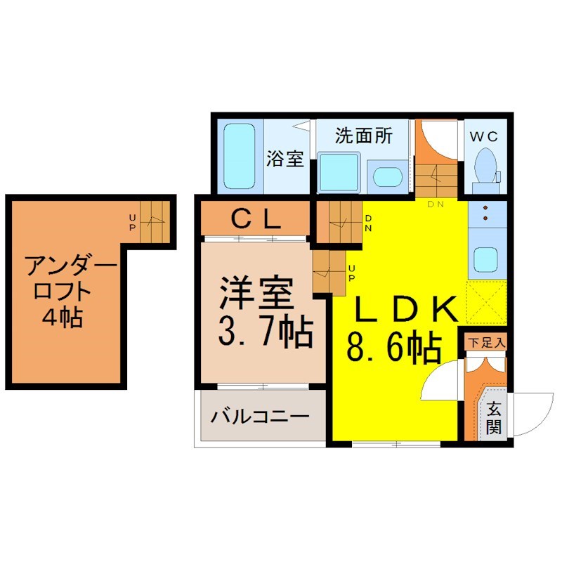 ハーモニック御器所 間取図　ＬＤＫ8.6帖　洋室3.7帖　ロフト付　脱衣洗面所
